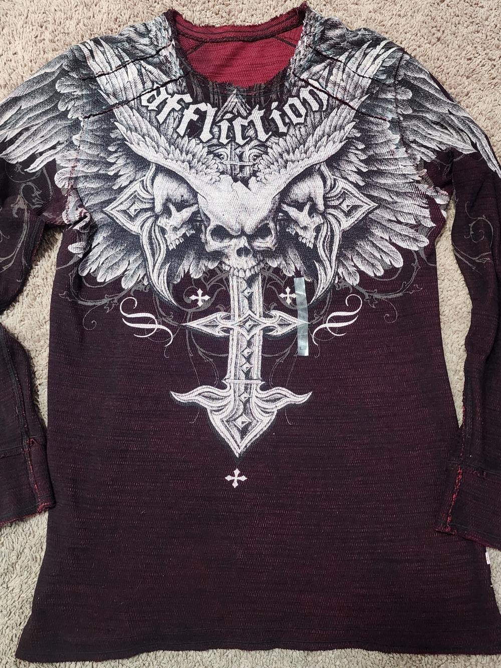 Affliction Rare Men's Long Sleeve Reversible Thermal, Grunge Skull Wings Sz XL